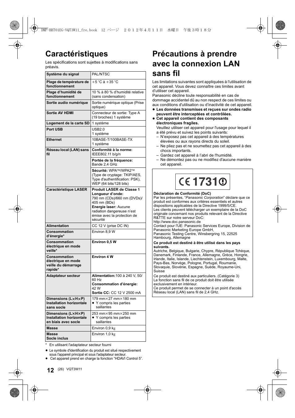 Caractéristiques | Panasonic DMPBBT01EG User Manual | Page 26 / 156