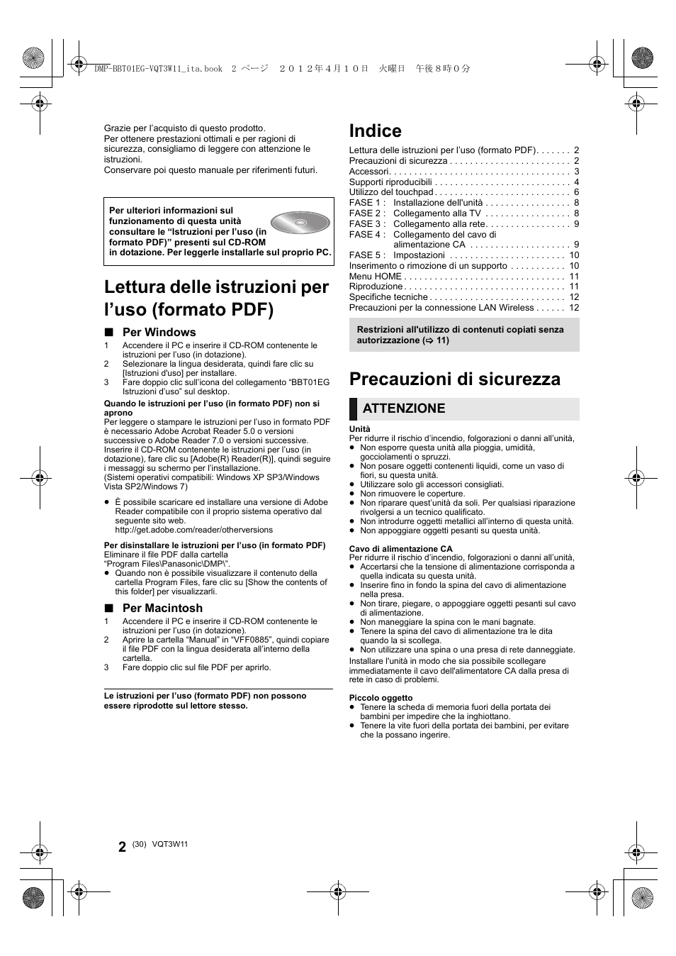 Indice, Lettura delle istruzioni per l’uso (formato pdf), Precauzioni di sicurezza | Attenzione, Per windows, Per macintosh | Panasonic DMPBBT01EG User Manual | Page 30 / 156