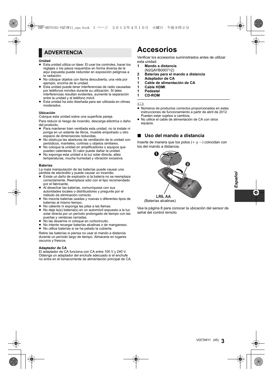 Accesorios, Advertencia, Uso del mando a distancia | Panasonic DMPBBT01EG User Manual | Page 45 / 156