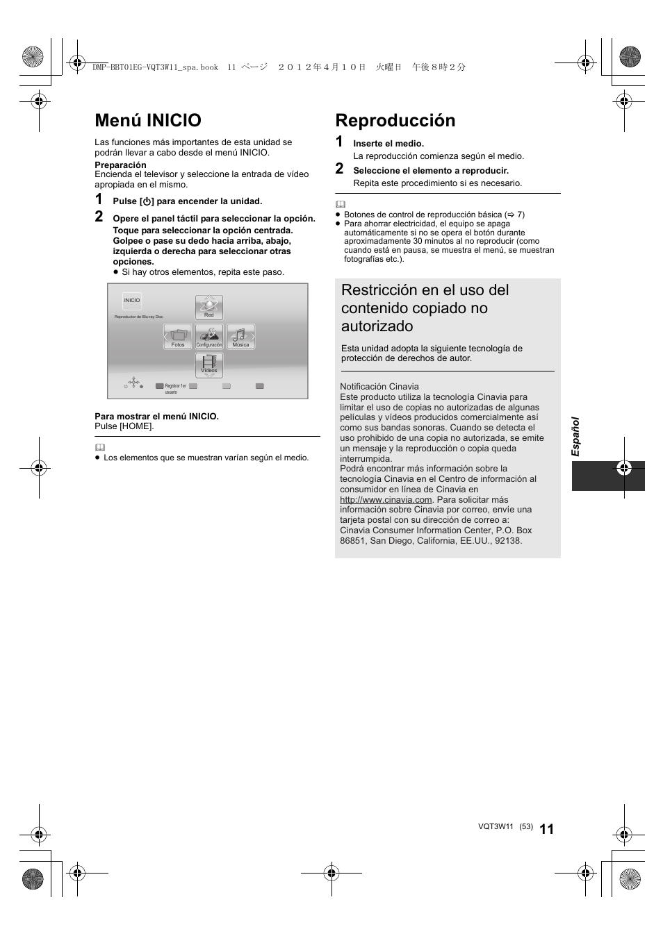 Menú inicio, Reproducción | Panasonic DMPBBT01EG User Manual | Page 53 / 156