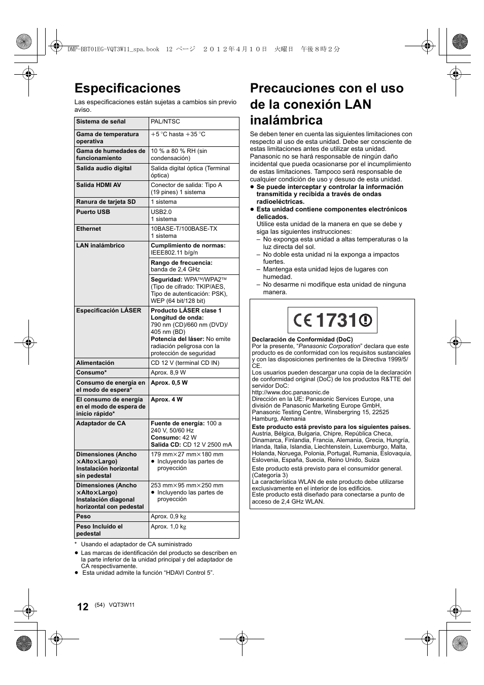 Especificaciones | Panasonic DMPBBT01EG User Manual | Page 54 / 156