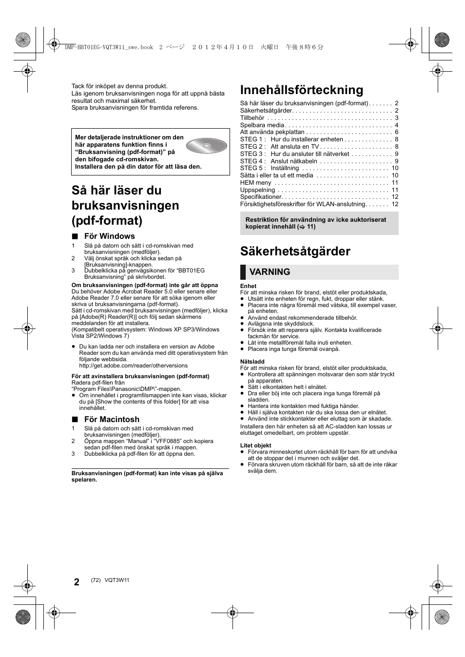 Innehållsförteckning, Så här läser du bruksanvisningen (pdf-format), Säkerhetsåtgärder | Varning, För windows, För macintosh | Panasonic DMPBBT01EG User Manual | Page 72 / 156