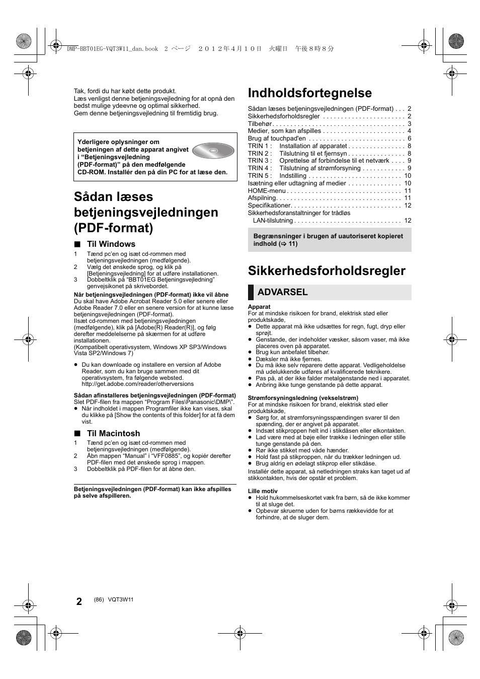 Indholdsfortegnelse, Sådan læses betjeningsvejledningen (pdf-format), Sikkerhedsforholdsregler | Advarsel, Til windows, Til macintosh | Panasonic DMPBBT01EG User Manual | Page 86 / 156