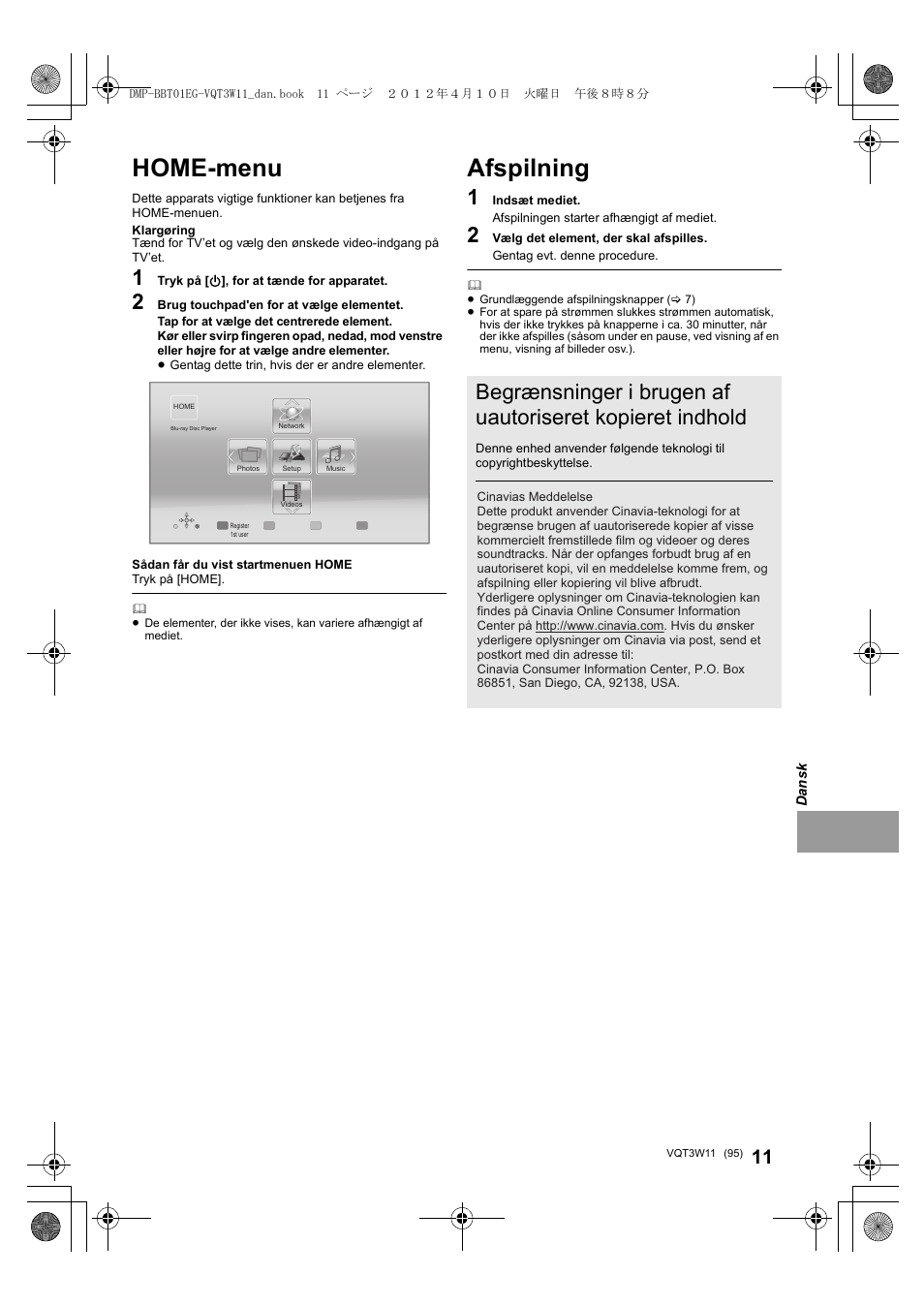 Home-menu, Afspilning | Panasonic DMPBBT01EG User Manual | Page 95 / 156