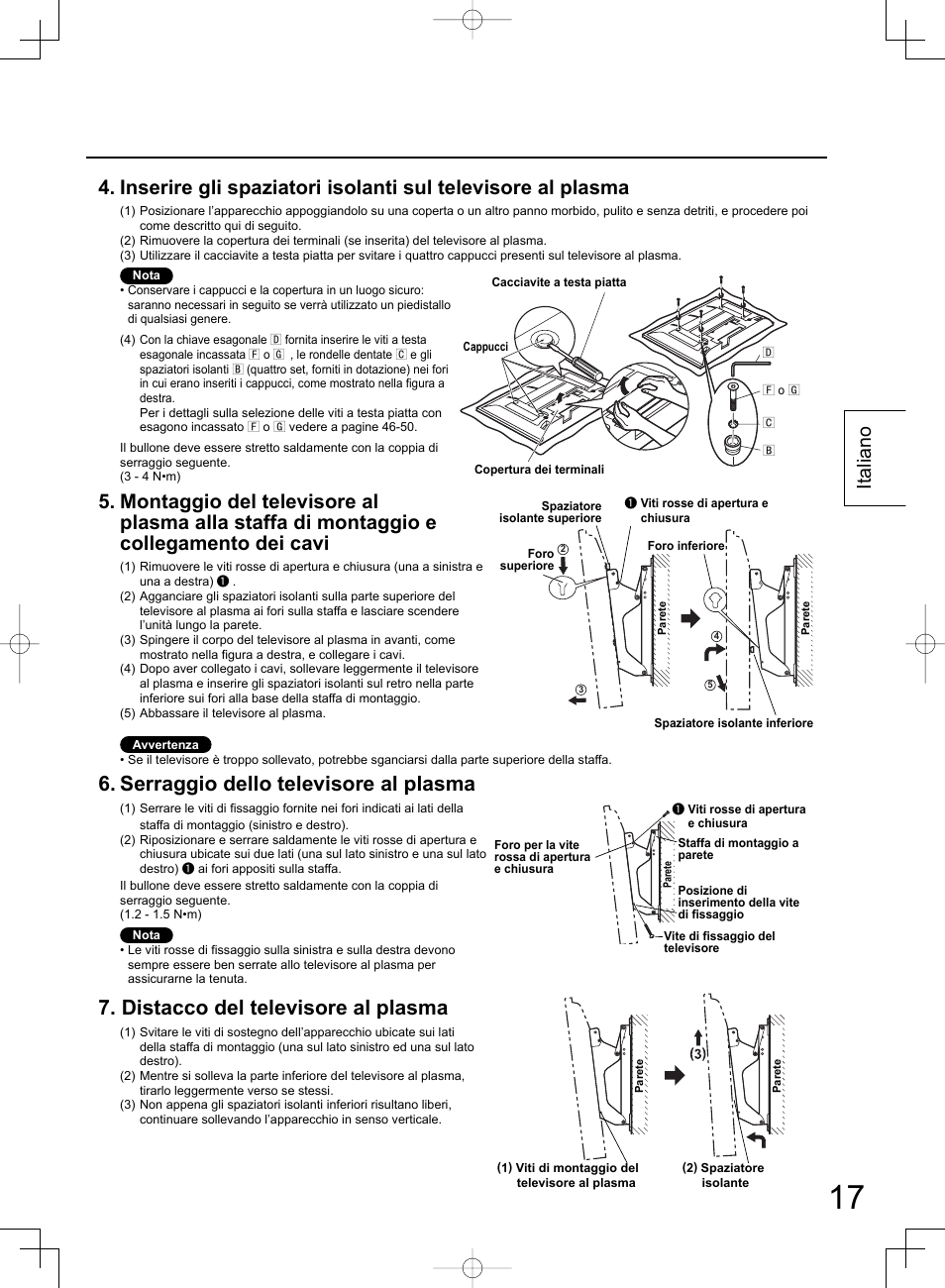 Serraggio dello televisore al plasma, Distacco del televisore al plasma, Italiano | Panasonic TYWK42PR4W User Manual | Page 17 / 56