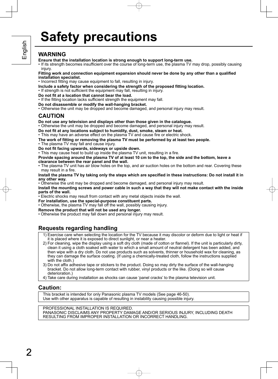 Safety precautions, Warning, Caution | Requests regarding handling, English | Panasonic TYWK42PR4W User Manual | Page 2 / 56