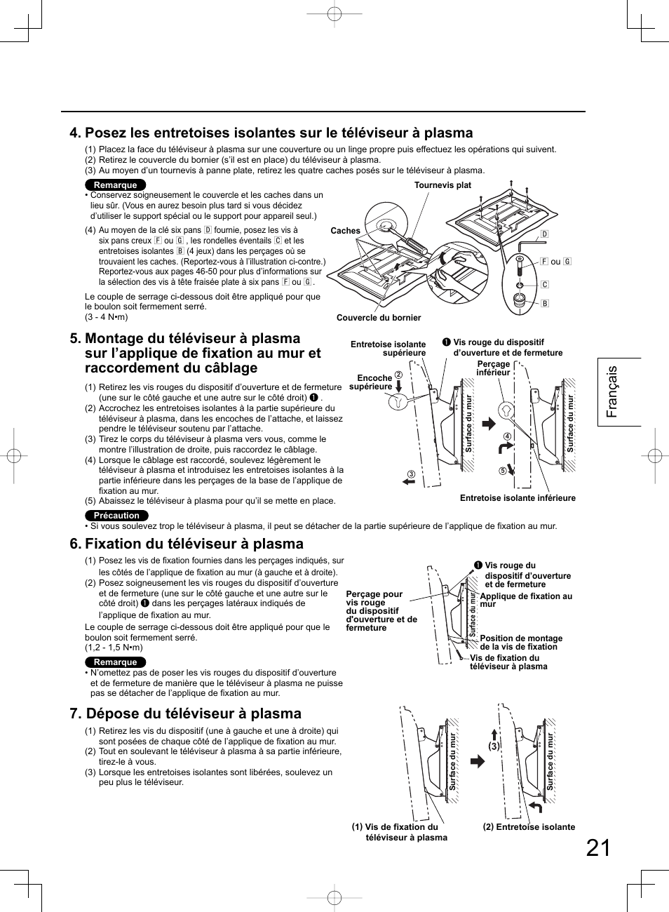 Fixation du téléviseur à plasma, Dépose du téléviseur à plasma, Français | Panasonic TYWK42PR4W User Manual | Page 21 / 56