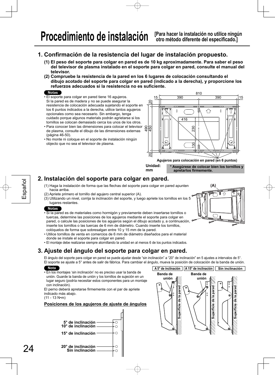 Procedimiento de instalación, Instalación del soporte para colgar en pared, Ajuste del ángulo del soporte para colgar en pared | Español | Panasonic TYWK42PR4W User Manual | Page 24 / 56