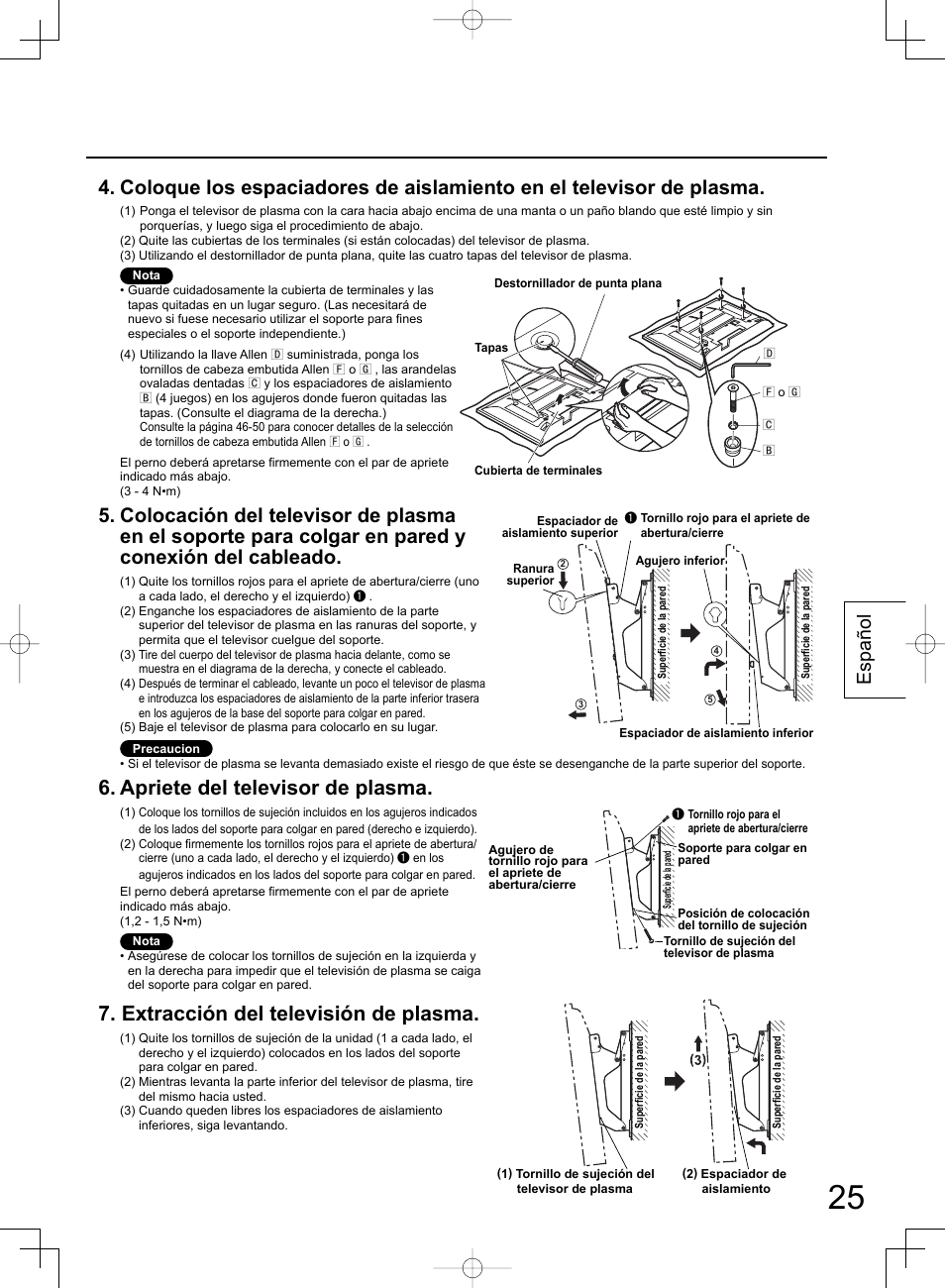 Apriete del televisor de plasma, Extracción del televisión de plasma, Español | Panasonic TYWK42PR4W User Manual | Page 25 / 56