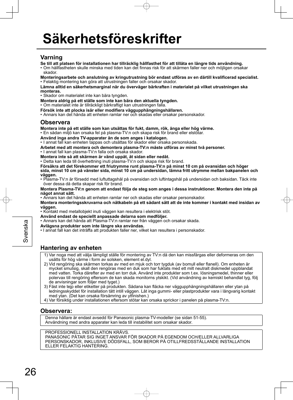 Säkerhetsföreskrifter, Svenska, Varning | Observera, Hantering av enheten | Panasonic TYWK42PR4W User Manual | Page 26 / 56