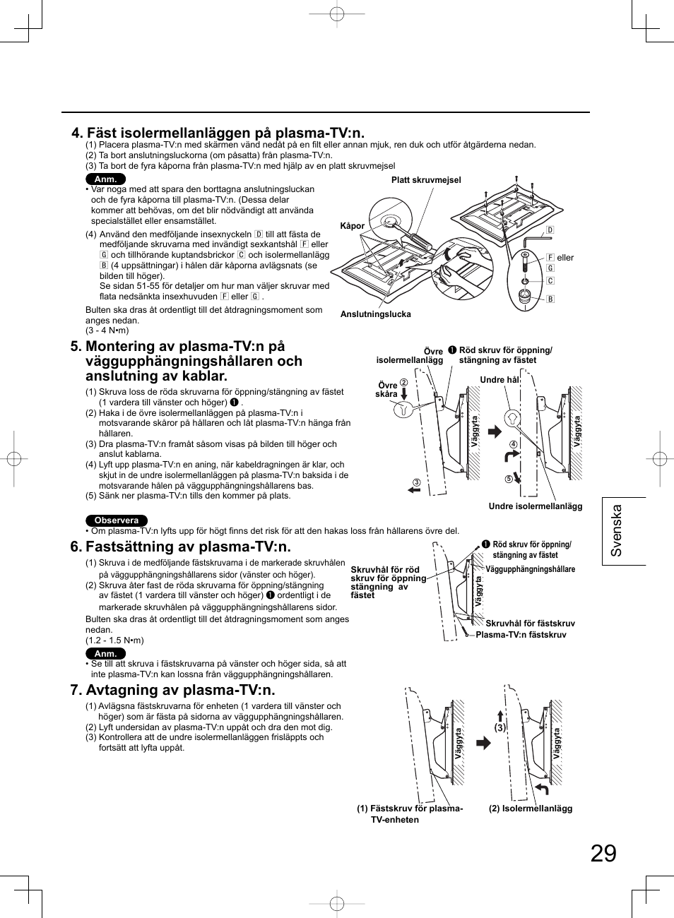 Fastsättning av plasma-tv:n, Avtagning av plasma-tv:n, Fäst isolermellanläggen på plasma-tv:n | Svenska | Panasonic TYWK42PR4W User Manual | Page 29 / 56