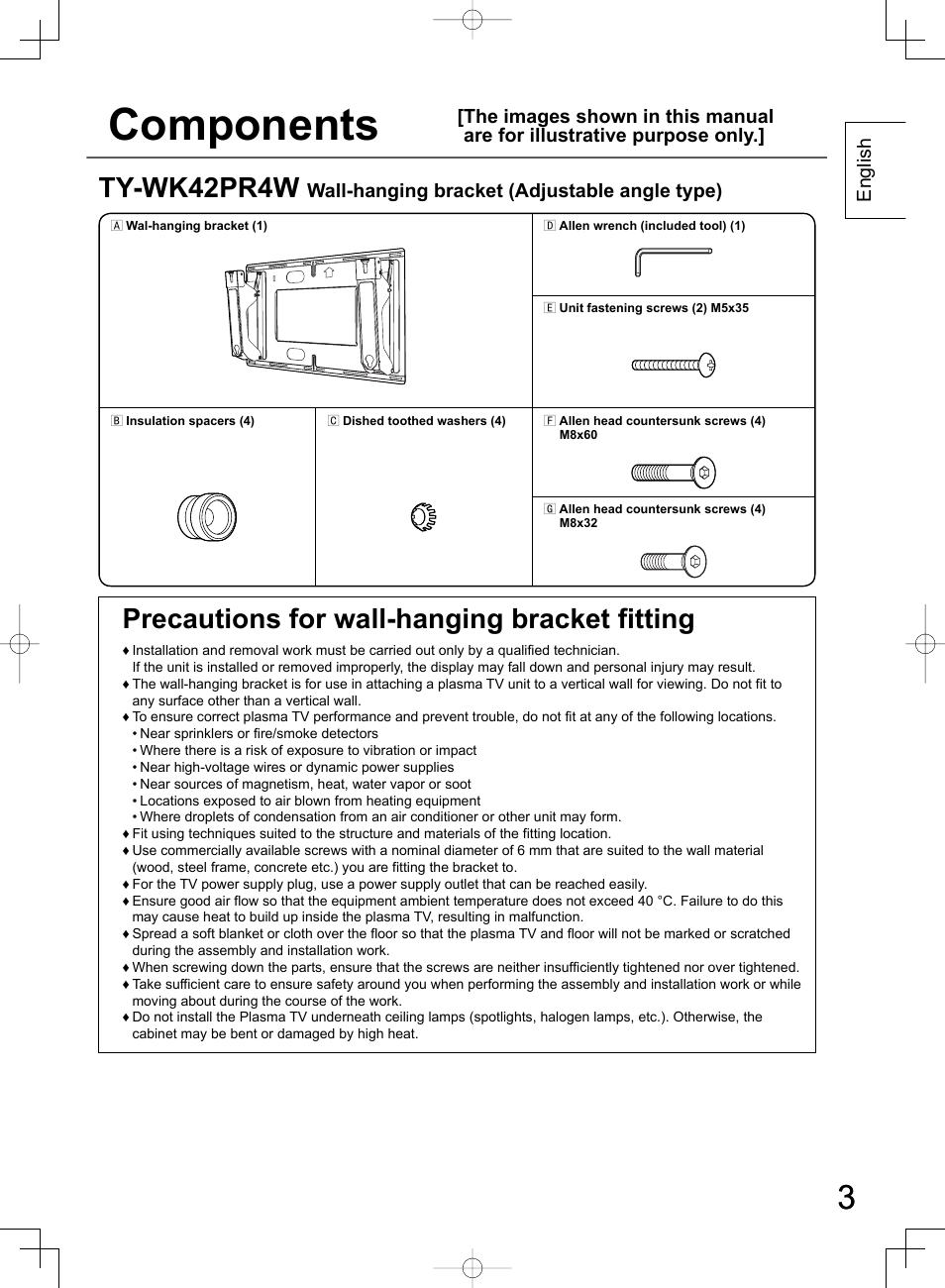 Components, Ty-wk42pr4w, Precautions for wall-hanging bracket fitting | Panasonic TYWK42PR4W User Manual | Page 3 / 56