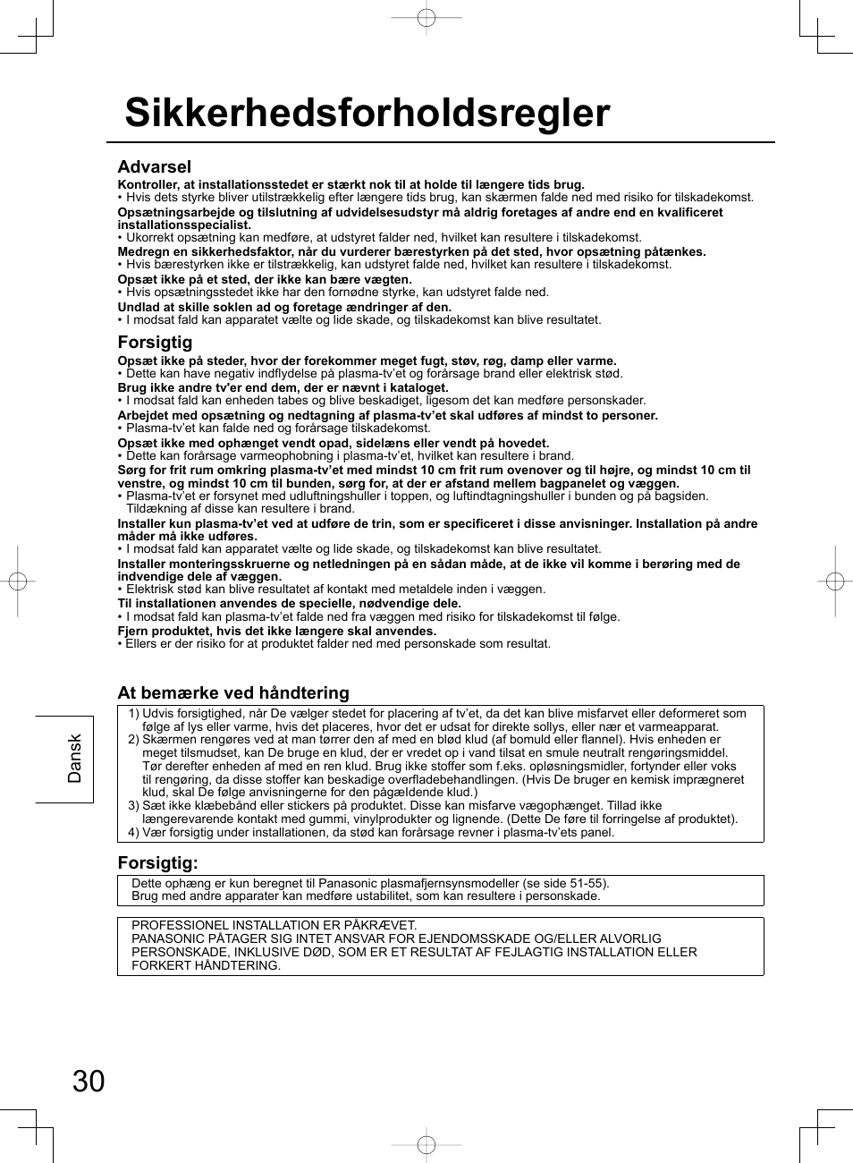 Sikkerhedsforholdsregler, Dansk, Advarsel | Forsigtig, At bemærke ved håndtering | Panasonic TYWK42PR4W User Manual | Page 30 / 56