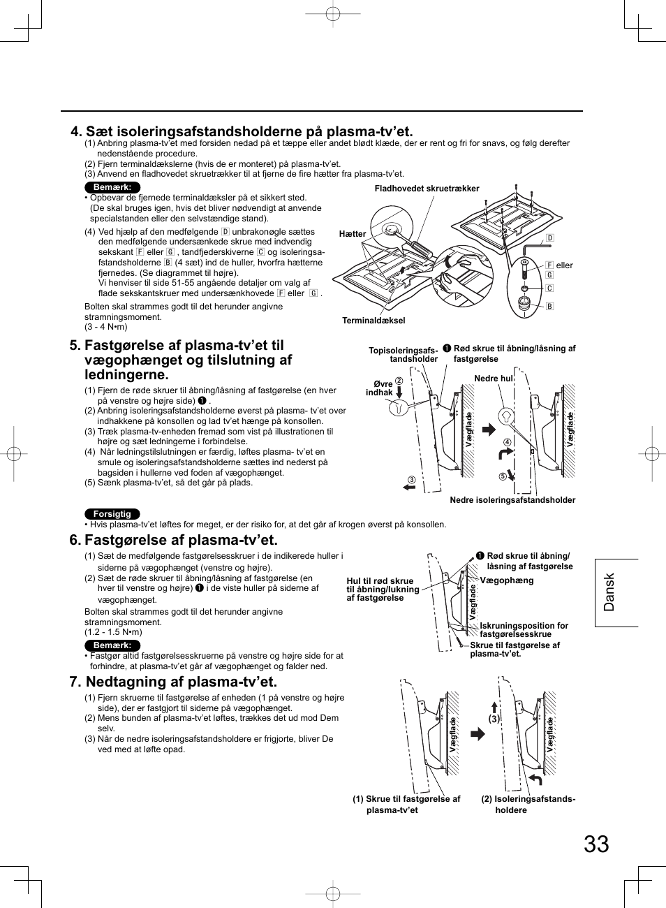 Fastgørelse af plasma-tv’et, Nedtagning af plasma-tv’et, Sæt isoleringsafstandsholderne på plasma-tv’et | Dansk | Panasonic TYWK42PR4W User Manual | Page 33 / 56