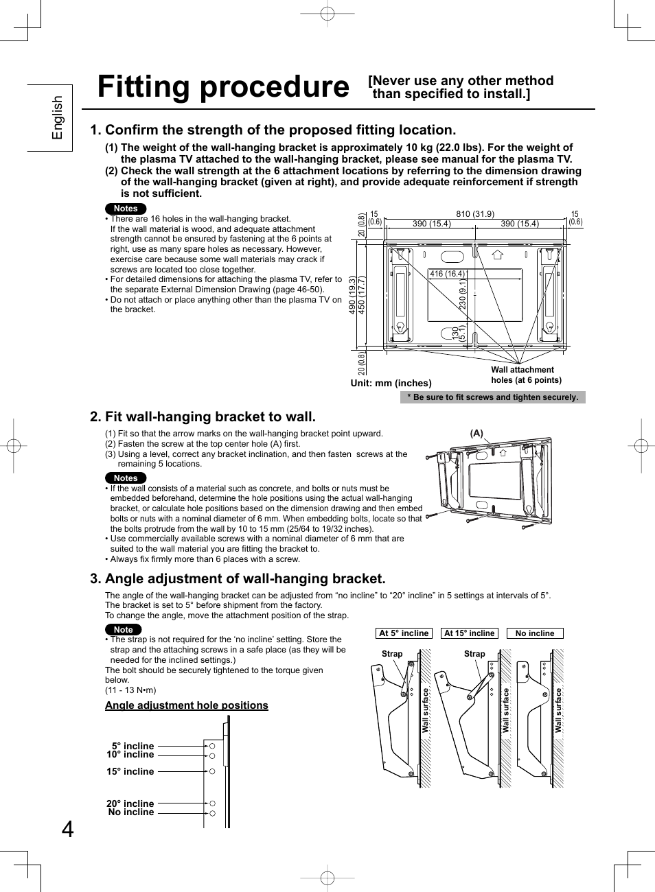 Fitting procedure, Fit wall-hanging bracket to wall, Angle adjustment of wall-hanging bracket | English | Panasonic TYWK42PR4W User Manual | Page 4 / 56