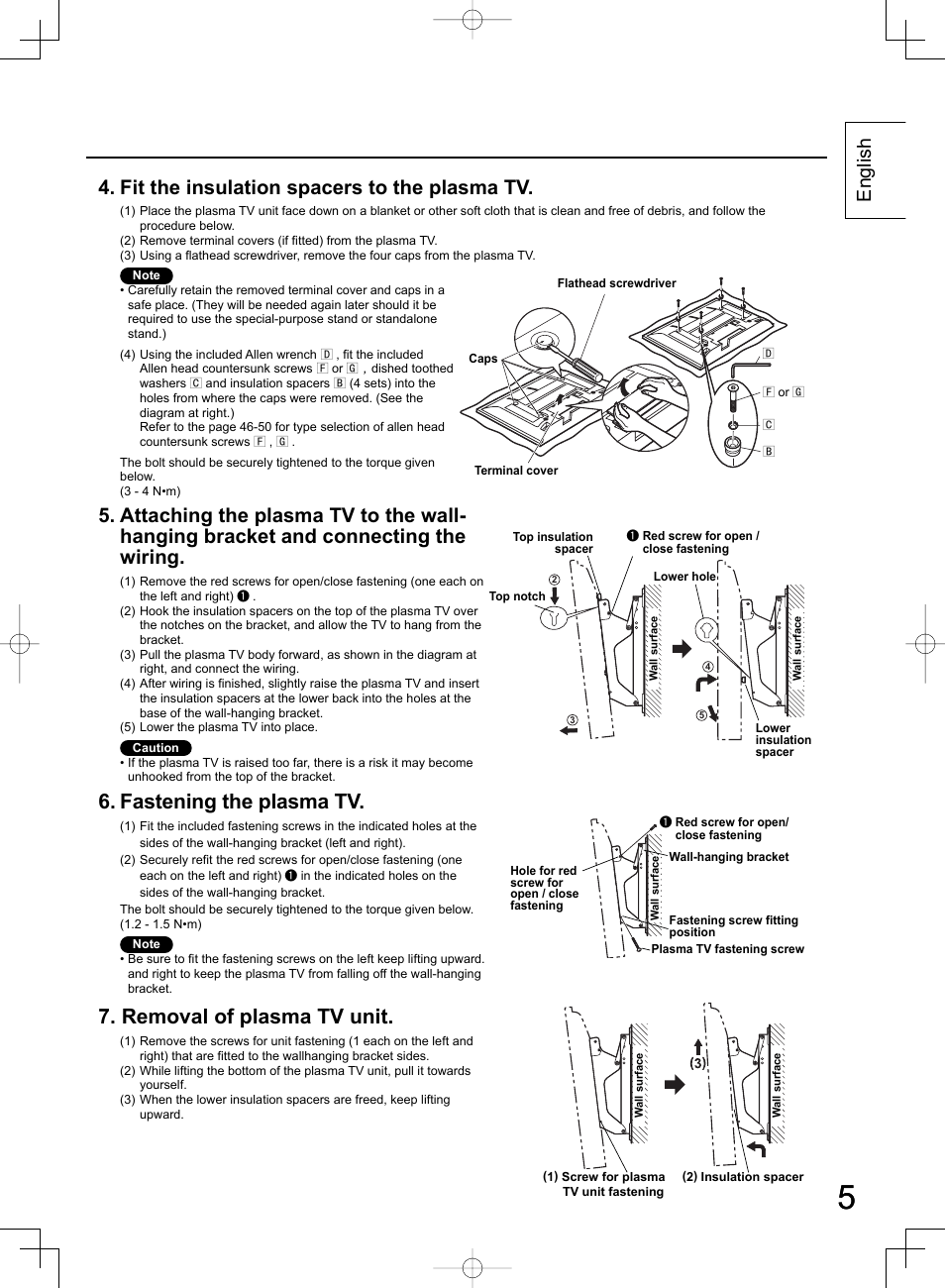 Fastening the plasma tv, Removal of plasma tv unit, Fit the insulation spacers to the plasma tv | English | Panasonic TYWK42PR4W User Manual | Page 5 / 56