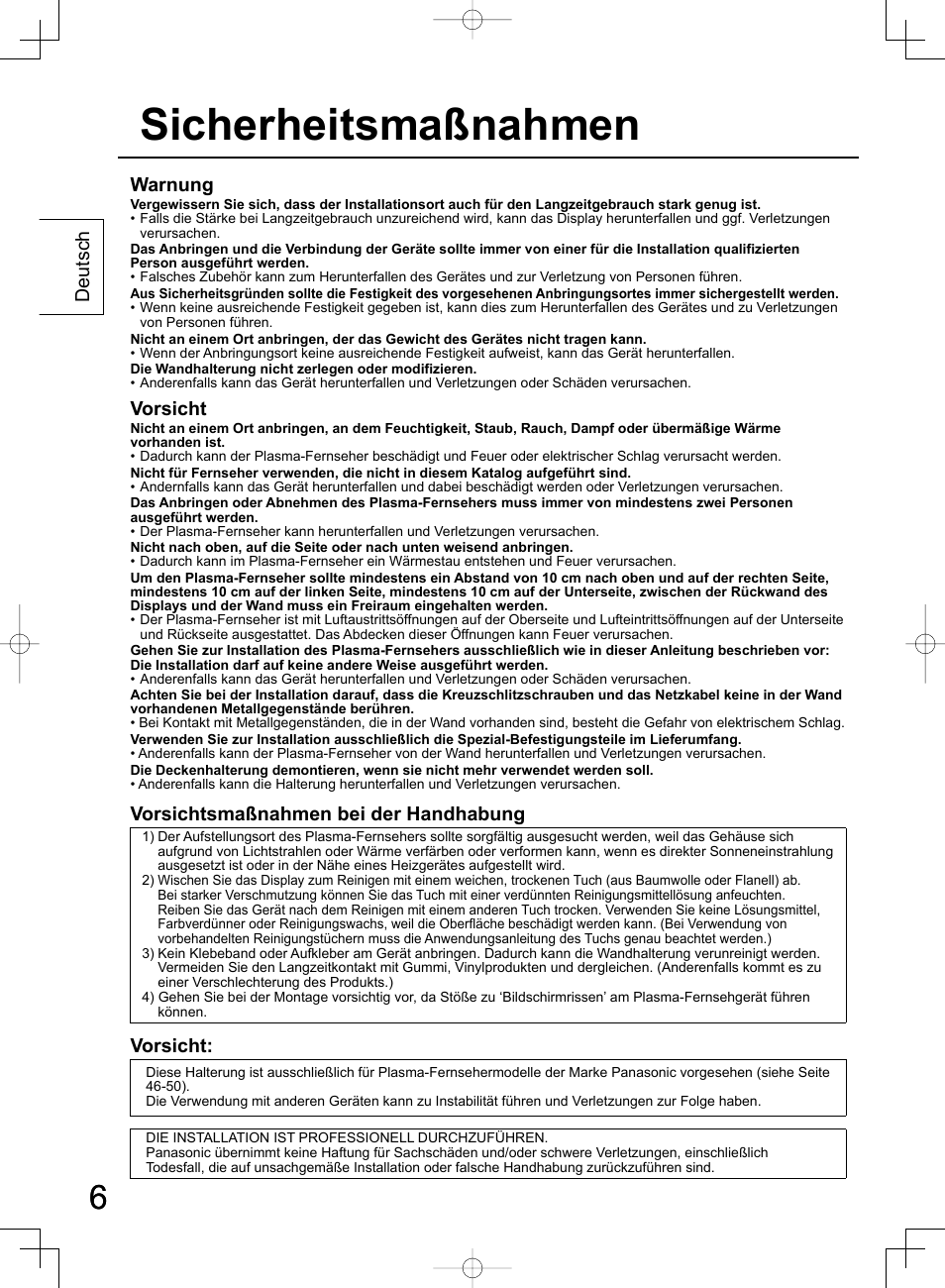 Sicherheitsmaßnahmen, Deutsch, Warnung | Vorsicht, Vorsichtsmaßnahmen bei der handhabung | Panasonic TYWK42PR4W User Manual | Page 6 / 56