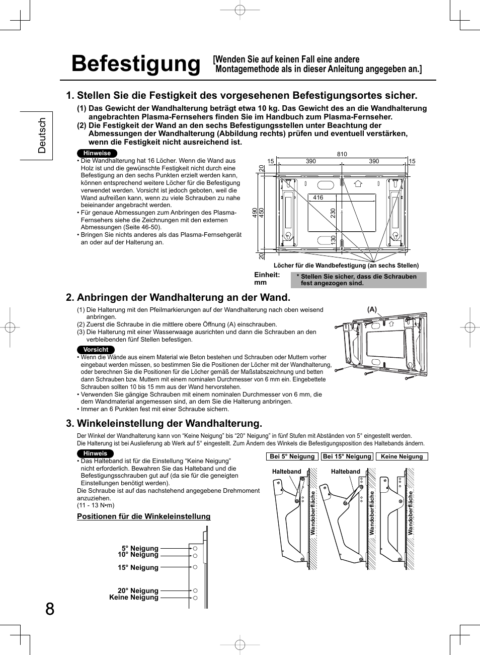 Befestigung, Anbringen der wandhalterung an der wand, Winkeleinstellung der wandhalterung | Deutsch | Panasonic TYWK42PR4W User Manual | Page 8 / 56