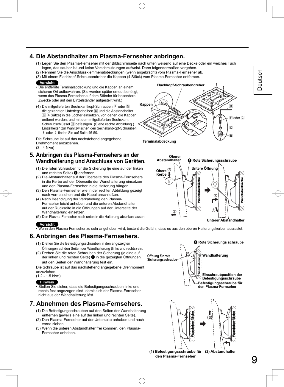 Anbringen des plasma-fernsehers, Abnehmen des plasma-fernsehers, Die abstandhalter am plasma-fernseher anbringen | Deutsch | Panasonic TYWK42PR4W User Manual | Page 9 / 56