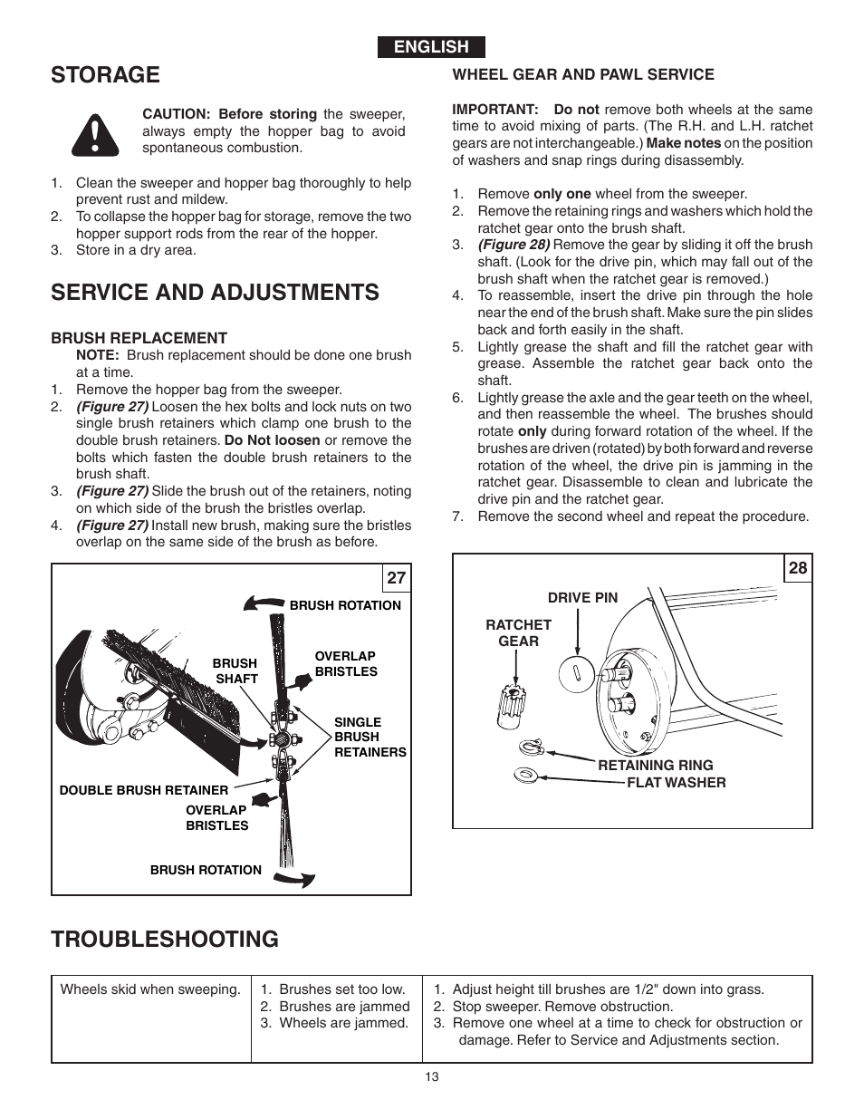 Service and adjustments troubleshooting, Storage | Agri-Fab 45-03371 User Manual | Page 13 / 24