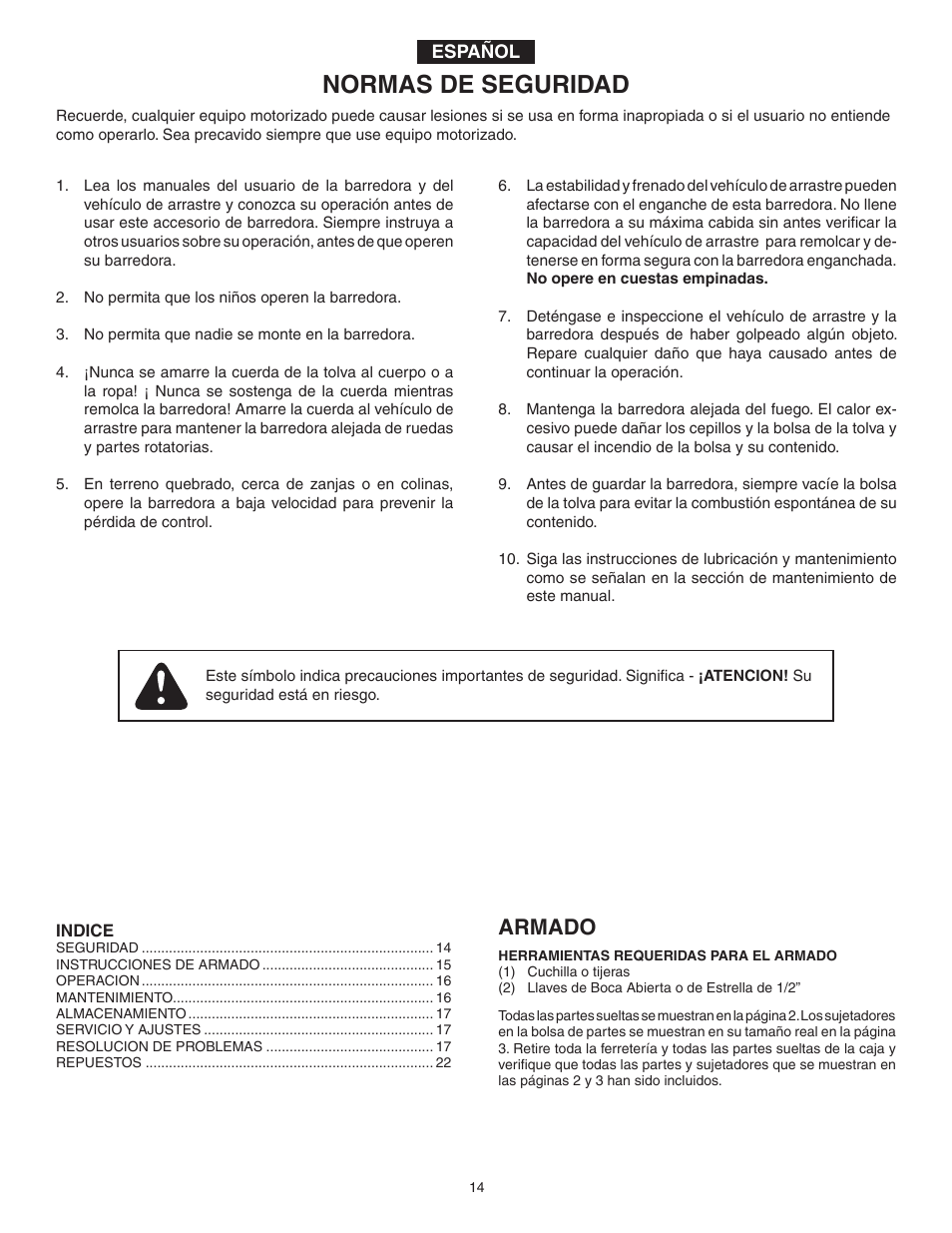 Normas de seguridad, Armado | Agri-Fab 45-03371 User Manual | Page 14 / 24