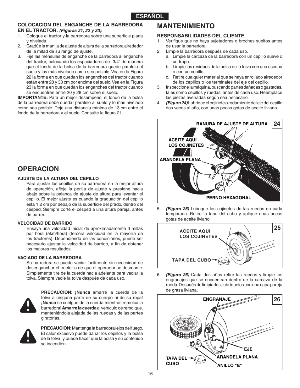 Mantenimiento, Operacion | Agri-Fab 45-03371 User Manual | Page 16 / 24