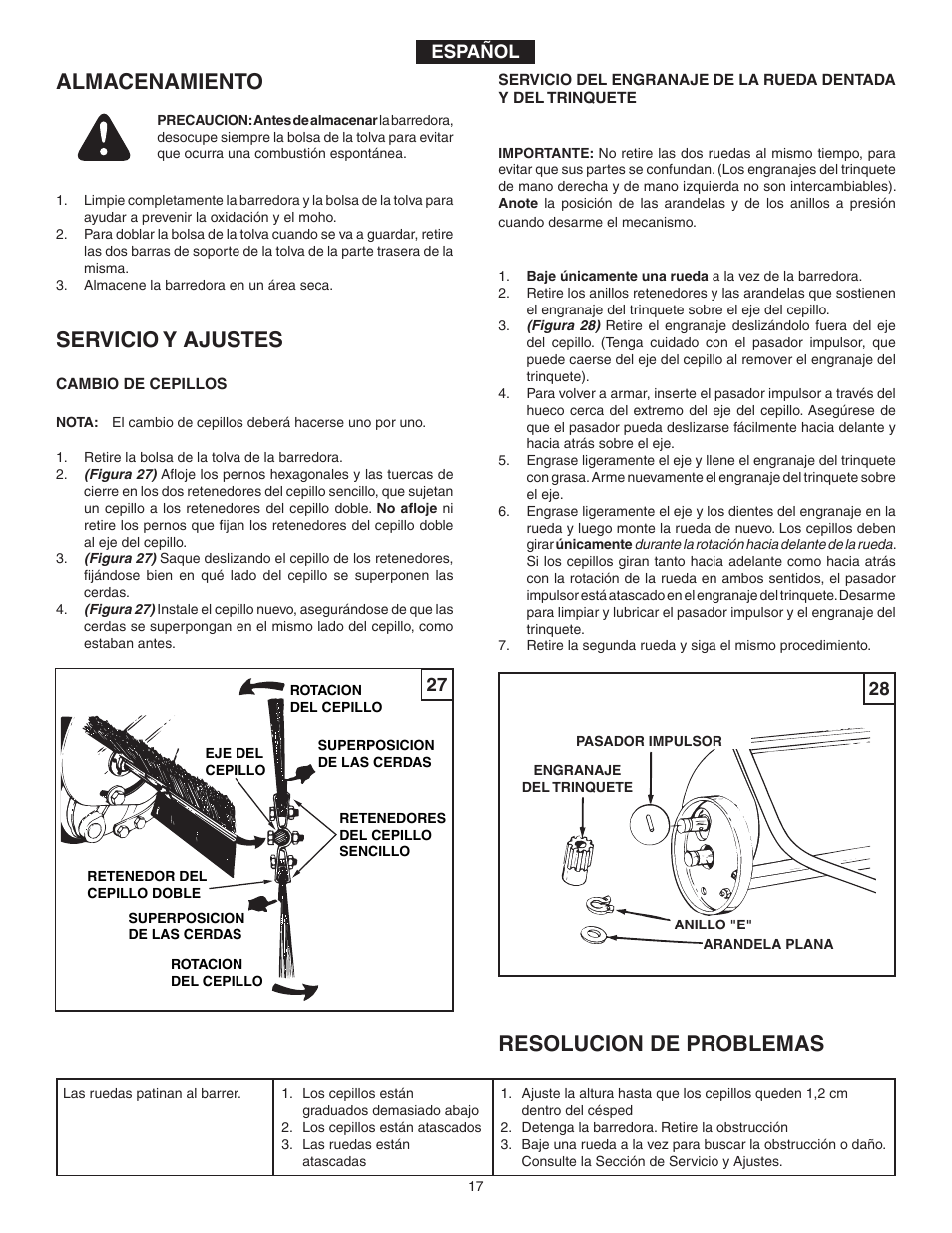 Almacenamiento servicio y ajustes, Resolucion de problemas | Agri-Fab 45-03371 User Manual | Page 17 / 24