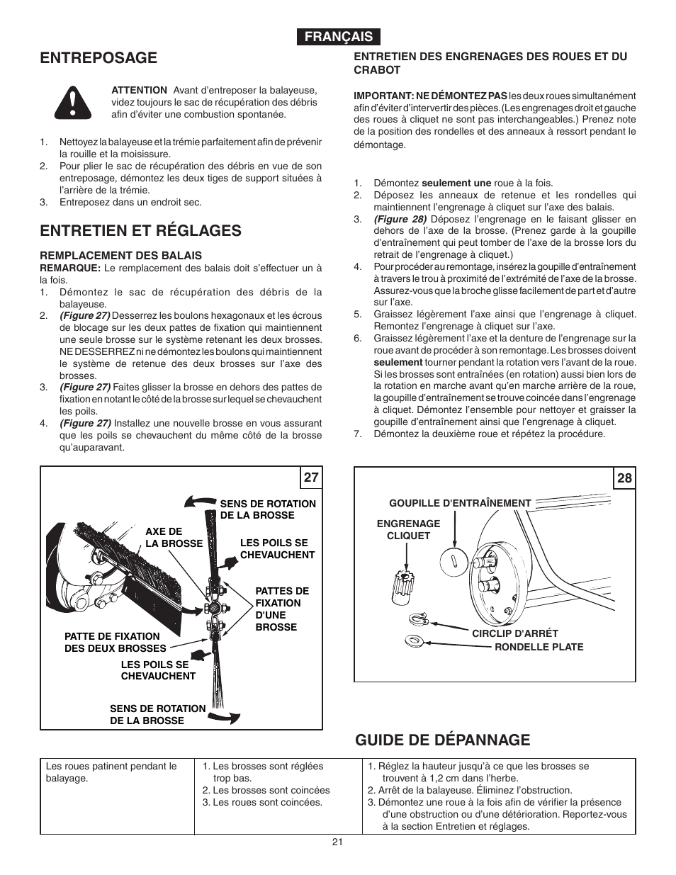 Entreposage entretien et réglages, Guide de dépannage | Agri-Fab 45-03371 User Manual | Page 21 / 24