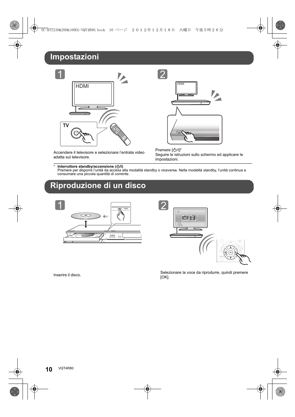 Impostazioni, Riproduzione di un disco, Hdmi | Panasonic SCBTT200EG User Manual | Page 10 / 56