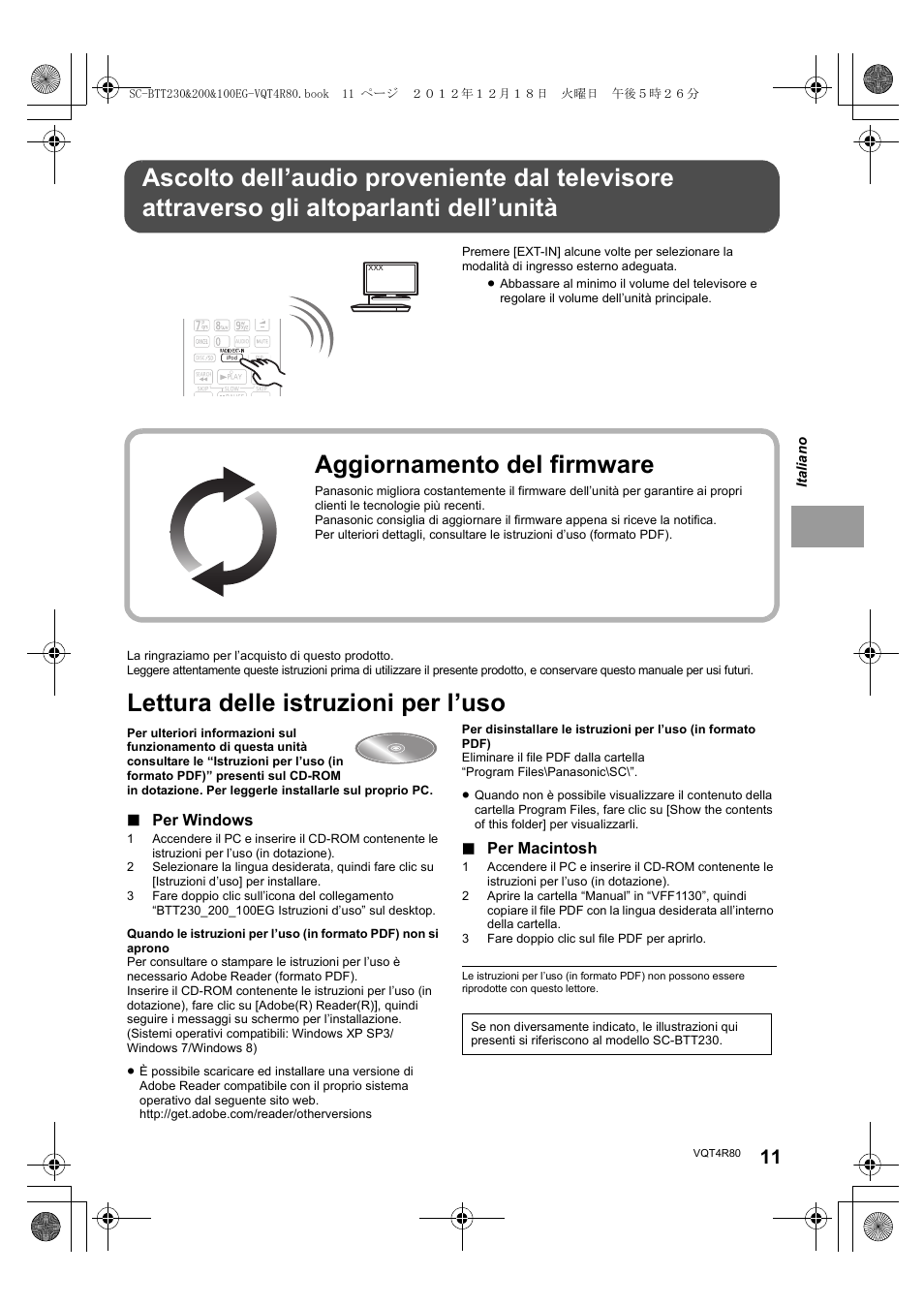 Lettura delle istruzioni per l’uso, Aggiornamento del firmware, Per windows | Per macintosh | Panasonic SCBTT200EG User Manual | Page 11 / 56
