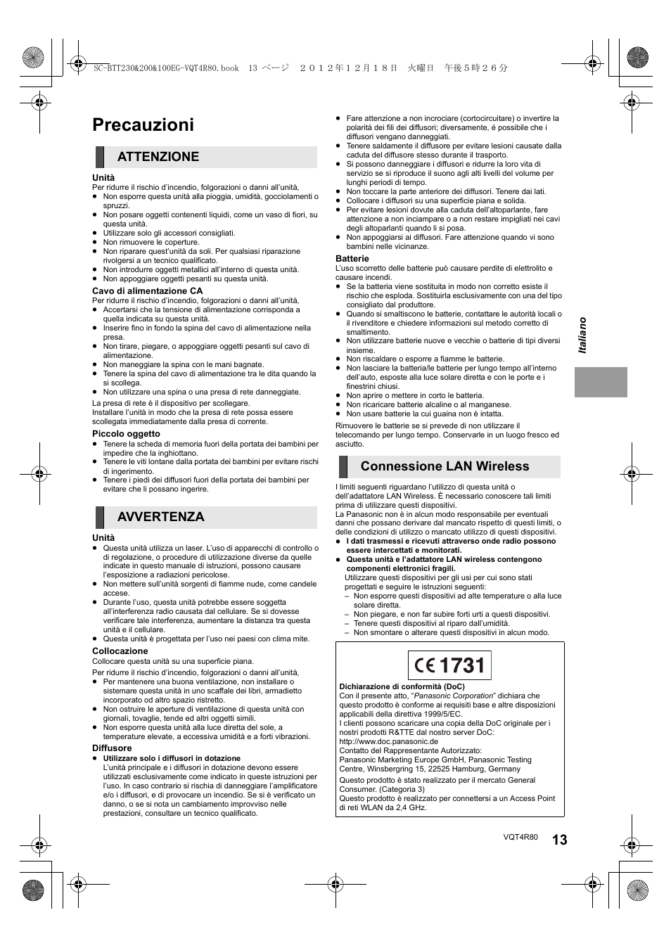 Precauzioni, Attenzione avvertenza connessione lan wireless | Panasonic SCBTT200EG User Manual | Page 13 / 56
