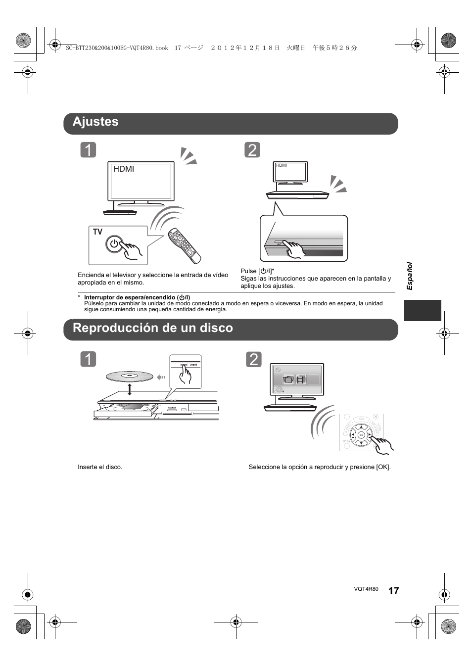 Ajustes, Reproducción de un disco, Hdmi | Panasonic SCBTT200EG User Manual | Page 17 / 56