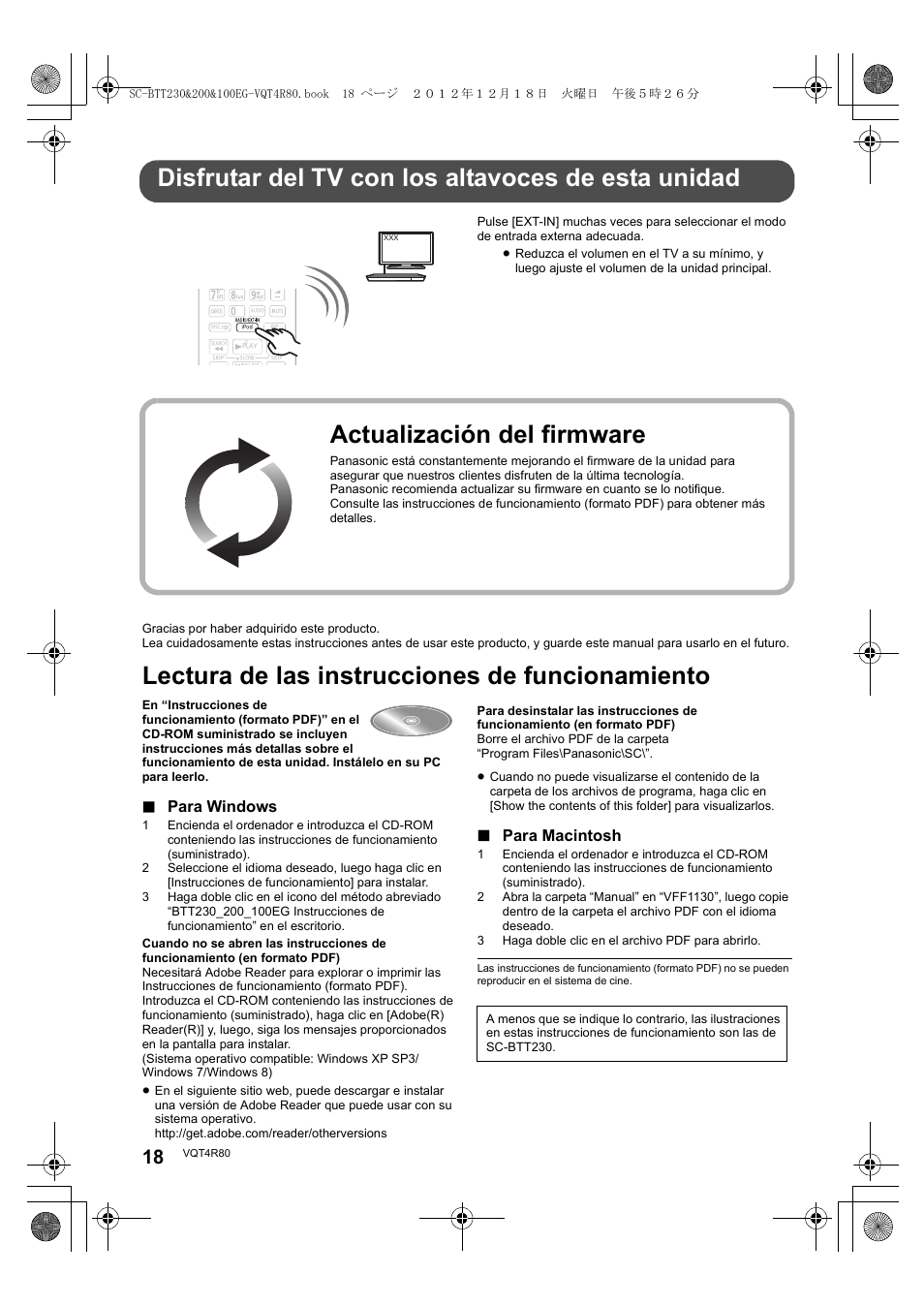 Disfrutar del tv con los altavoces de esta unidad, Lectura de las instrucciones de funcionamiento, Actualización del firmware | Para windows, Para macintosh | Panasonic SCBTT200EG User Manual | Page 18 / 56