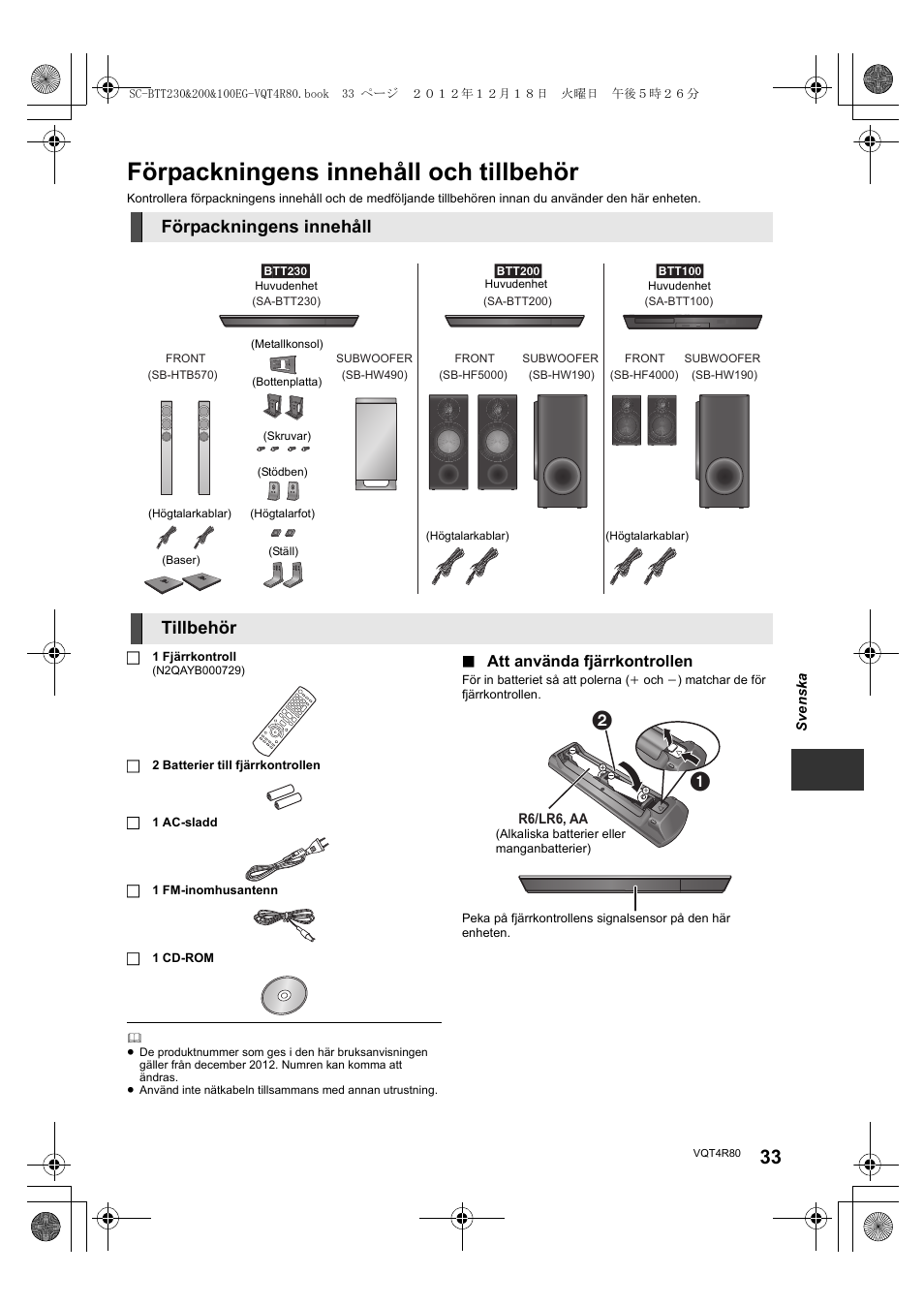 Förpackningens innehåll och tillbehör, Förpackningens innehåll, Tillbehör | Panasonic SCBTT200EG User Manual | Page 33 / 56