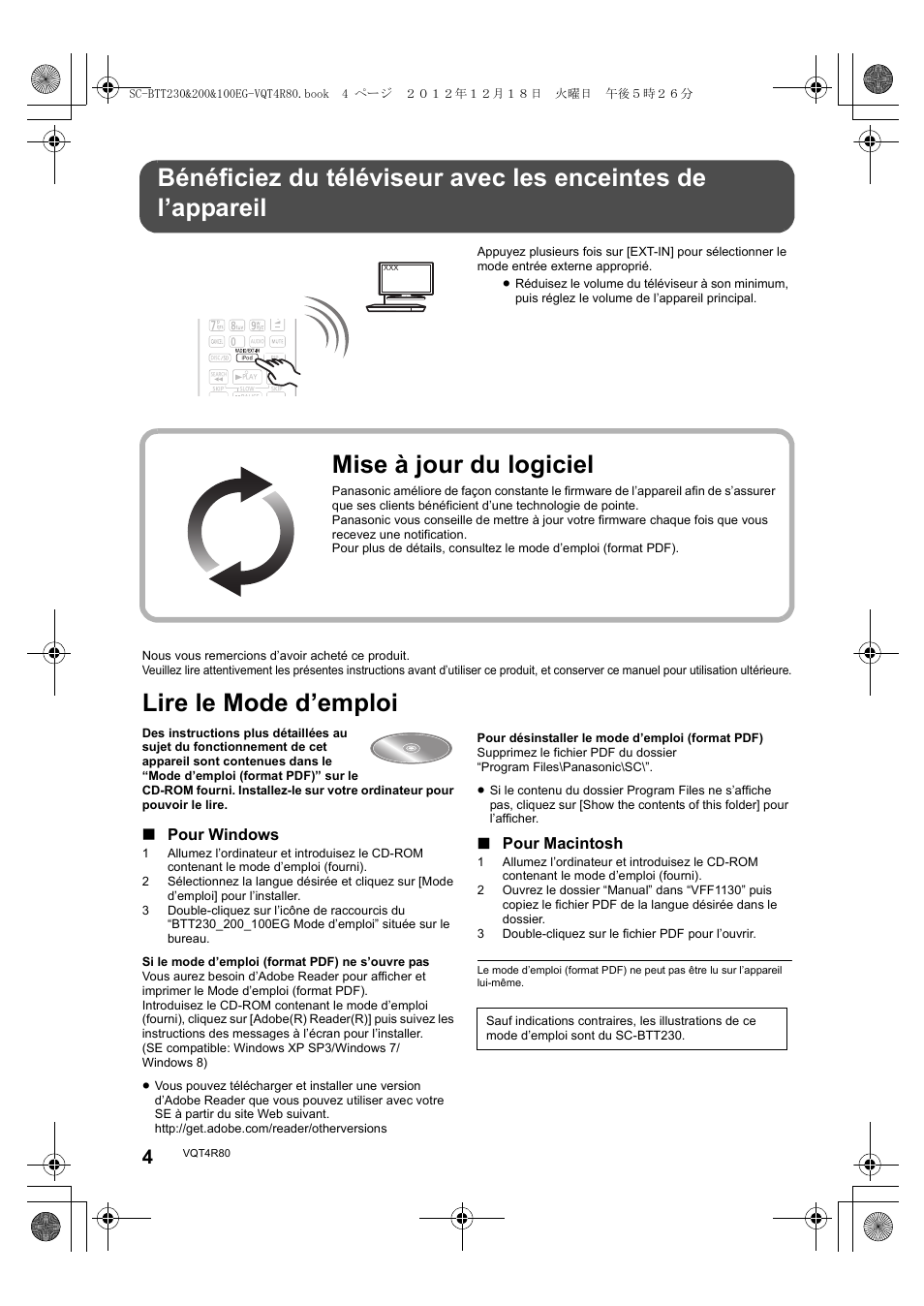 Lire le mode d’emploi, Mise à jour du logiciel, Pour windows | Pour macintosh | Panasonic SCBTT200EG User Manual | Page 4 / 56