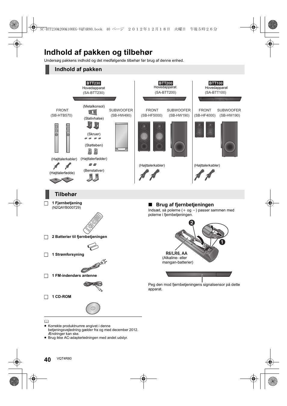 Indhold af pakken og tilbehør, Indhold af pakken, Tilbehør | Panasonic SCBTT200EG User Manual | Page 40 / 56