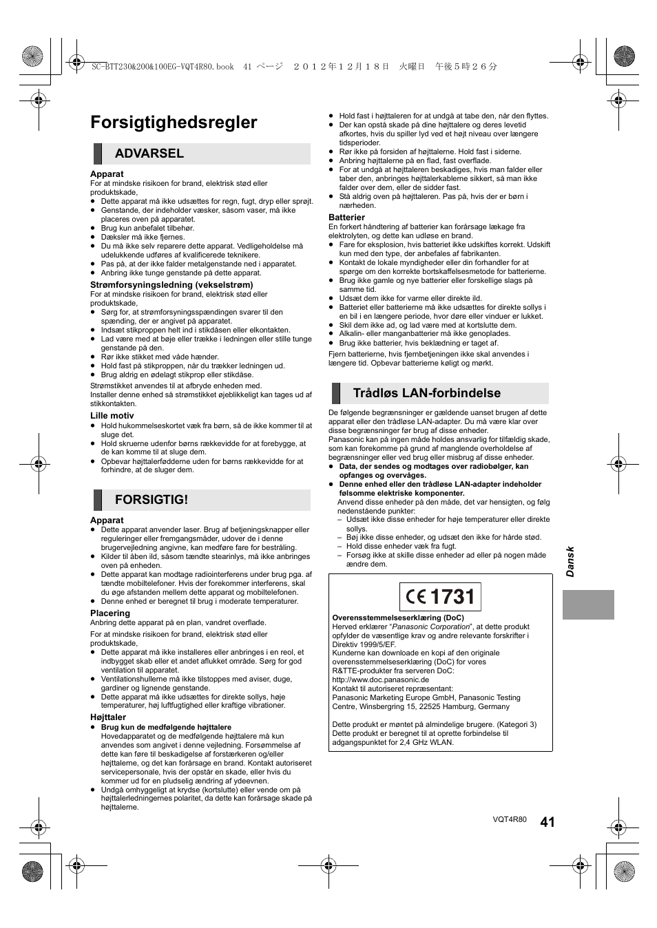 Forsigtighedsregler, Advarsel forsigtig! trådløs lan-forbindelse | Panasonic SCBTT200EG User Manual | Page 41 / 56