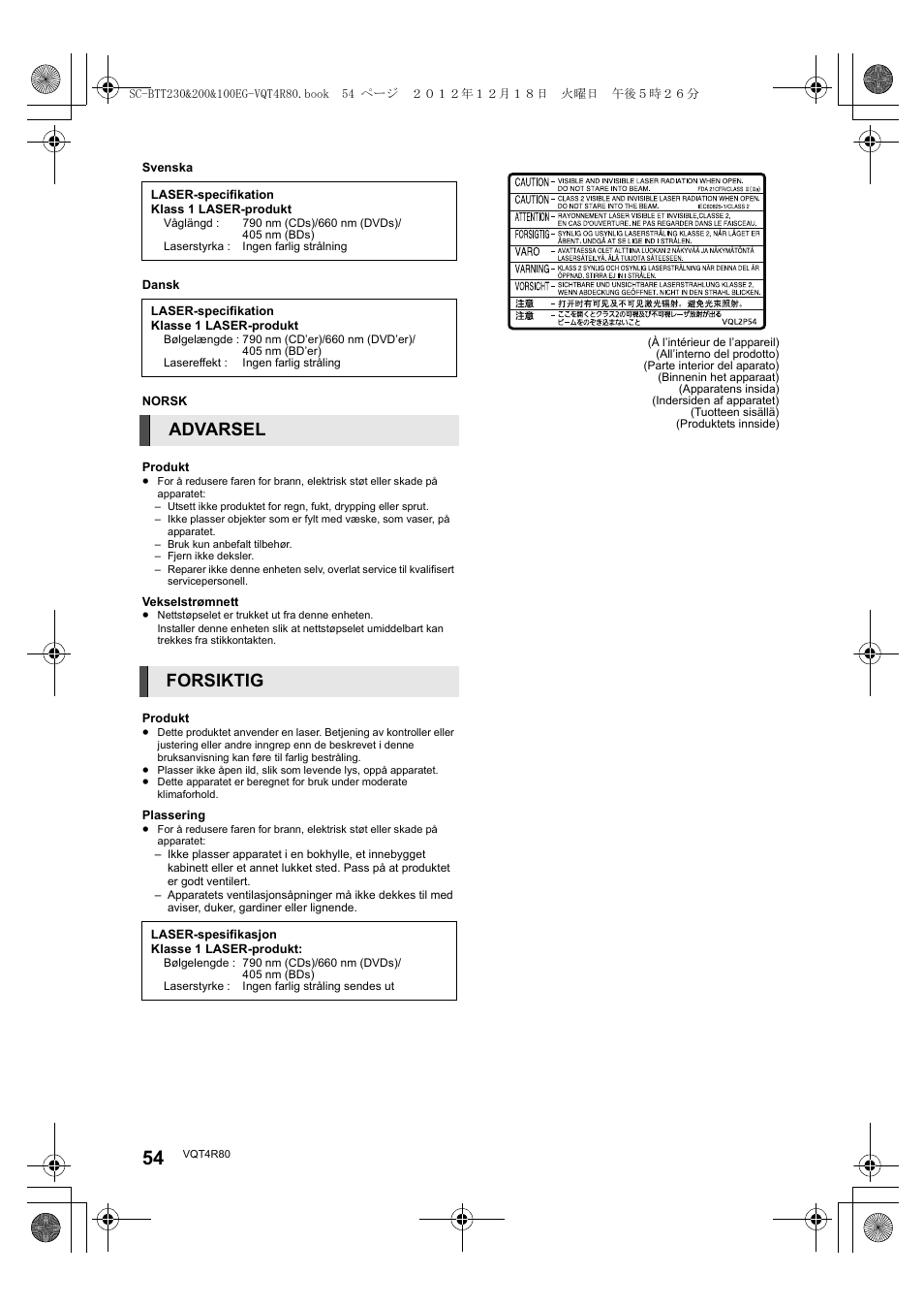 Advarsel forsiktig | Panasonic SCBTT200EG User Manual | Page 54 / 56