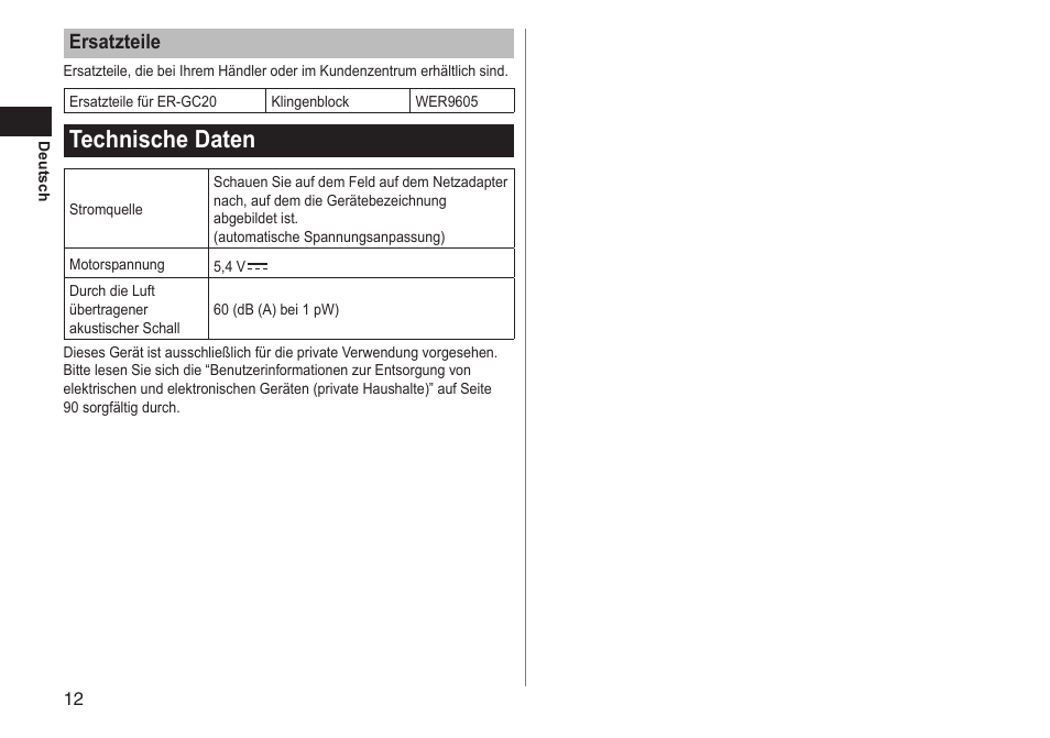 Technischedaten, Ersatzteile | Panasonic ERGC20 User Manual | Page 12 / 100