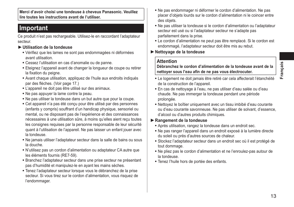 Important | Panasonic ERGC20 User Manual | Page 13 / 100