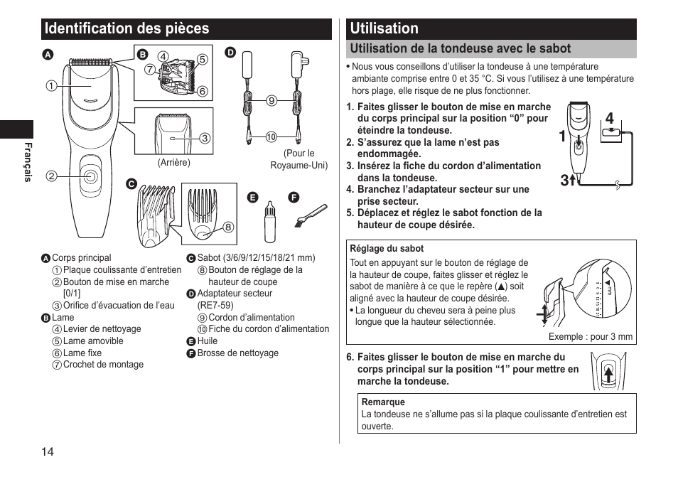 Identificationdespièces, Utilisation, Utilisationdelatondeuseaveclesabot | Panasonic ERGC20 User Manual | Page 14 / 100