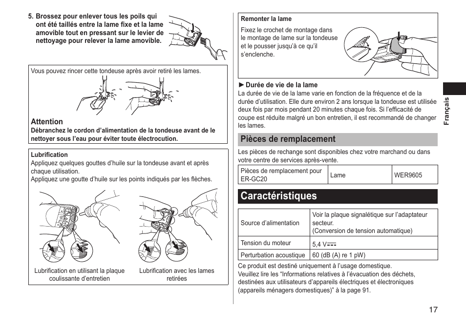 Caractéristiques, Piècesderemplacement | Panasonic ERGC20 User Manual | Page 17 / 100