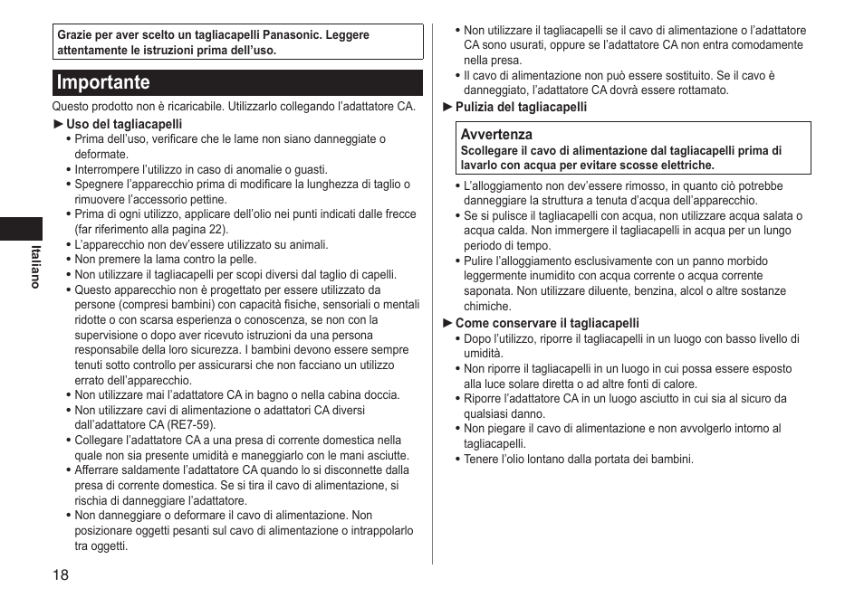 Importante | Panasonic ERGC20 User Manual | Page 18 / 100