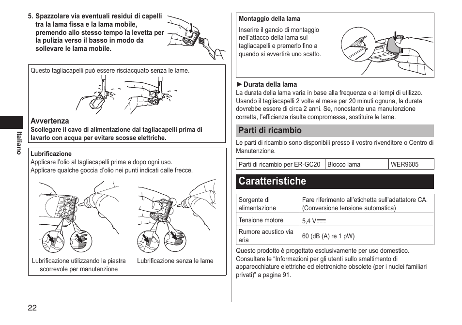 Caratteristiche, Partidiricambio | Panasonic ERGC20 User Manual | Page 22 / 100