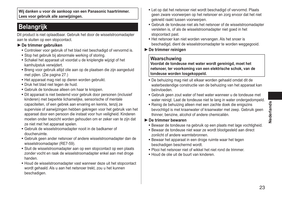 Belangrijk | Panasonic ERGC20 User Manual | Page 23 / 100