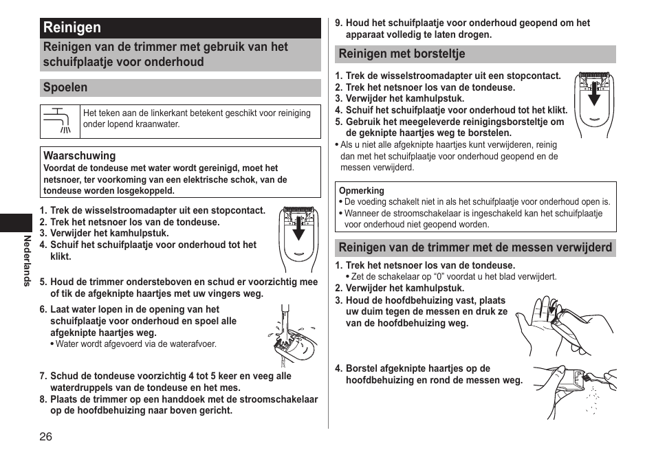 Reinigen, Reinigenmetborsteltje, Reinigenvandetrimmermetdemessenverwijderd | Panasonic ERGC20 User Manual | Page 26 / 100