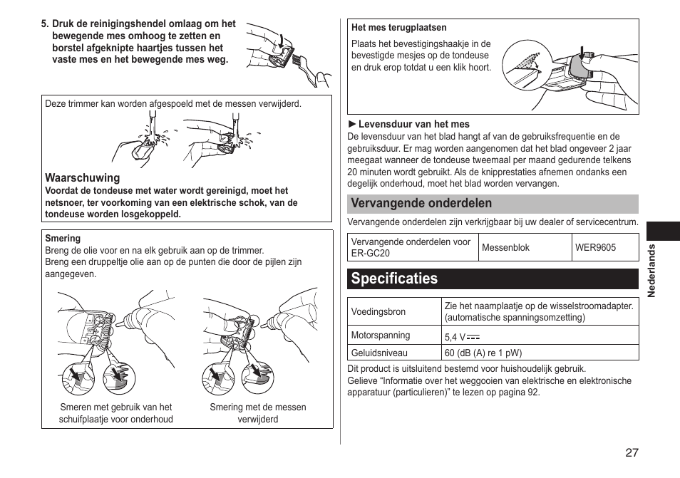 Specificaties, Vervangendeonderdelen | Panasonic ERGC20 User Manual | Page 27 / 100