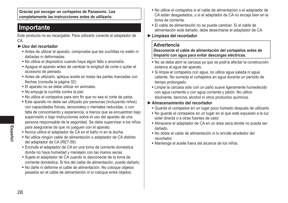 Importante | Panasonic ERGC20 User Manual | Page 28 / 100