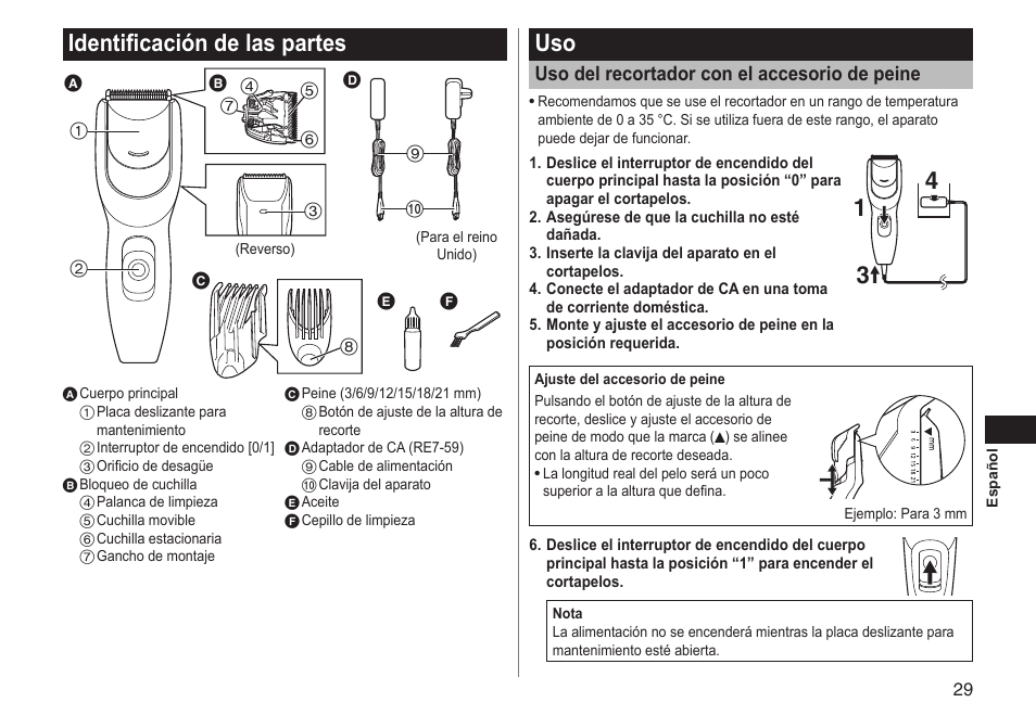 Identificacióndelaspartes, Usodelrecortadorconelaccesoriodepeine | Panasonic ERGC20 User Manual | Page 29 / 100