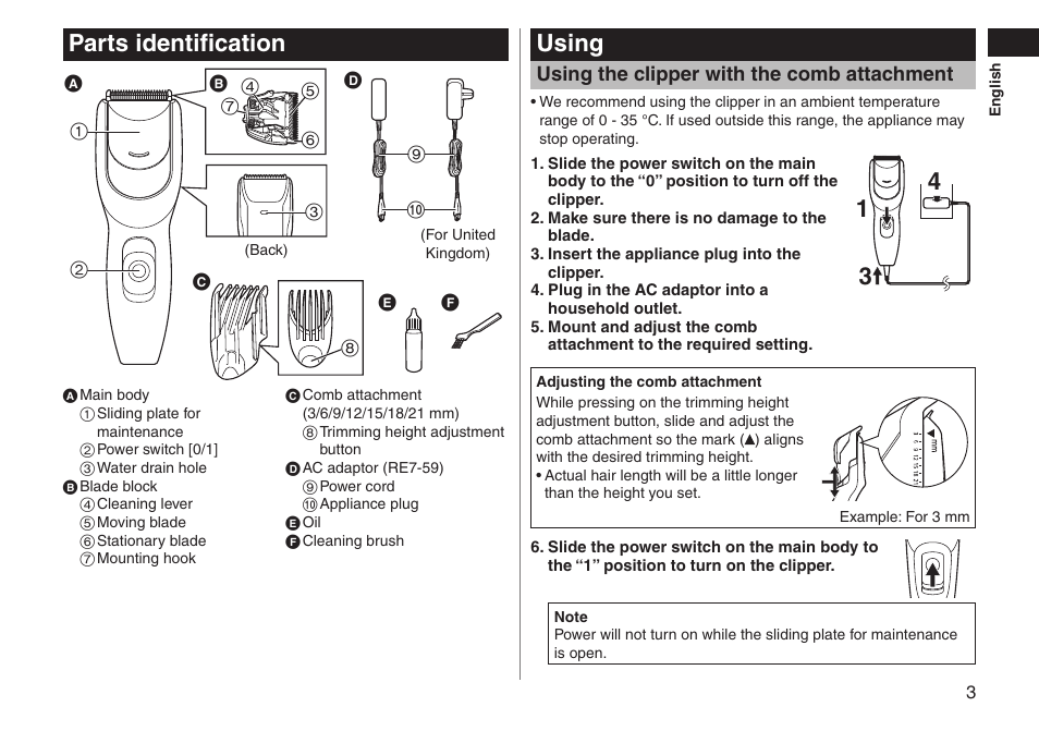 Parts identification, Using, Using the clipper with the comb attachment | Panasonic ERGC20 User Manual | Page 3 / 100